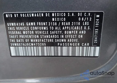 2012 Volkswagen Jetta 2.5L Se from USA, damaged, VIN 3VWBX7AJ0CM473285